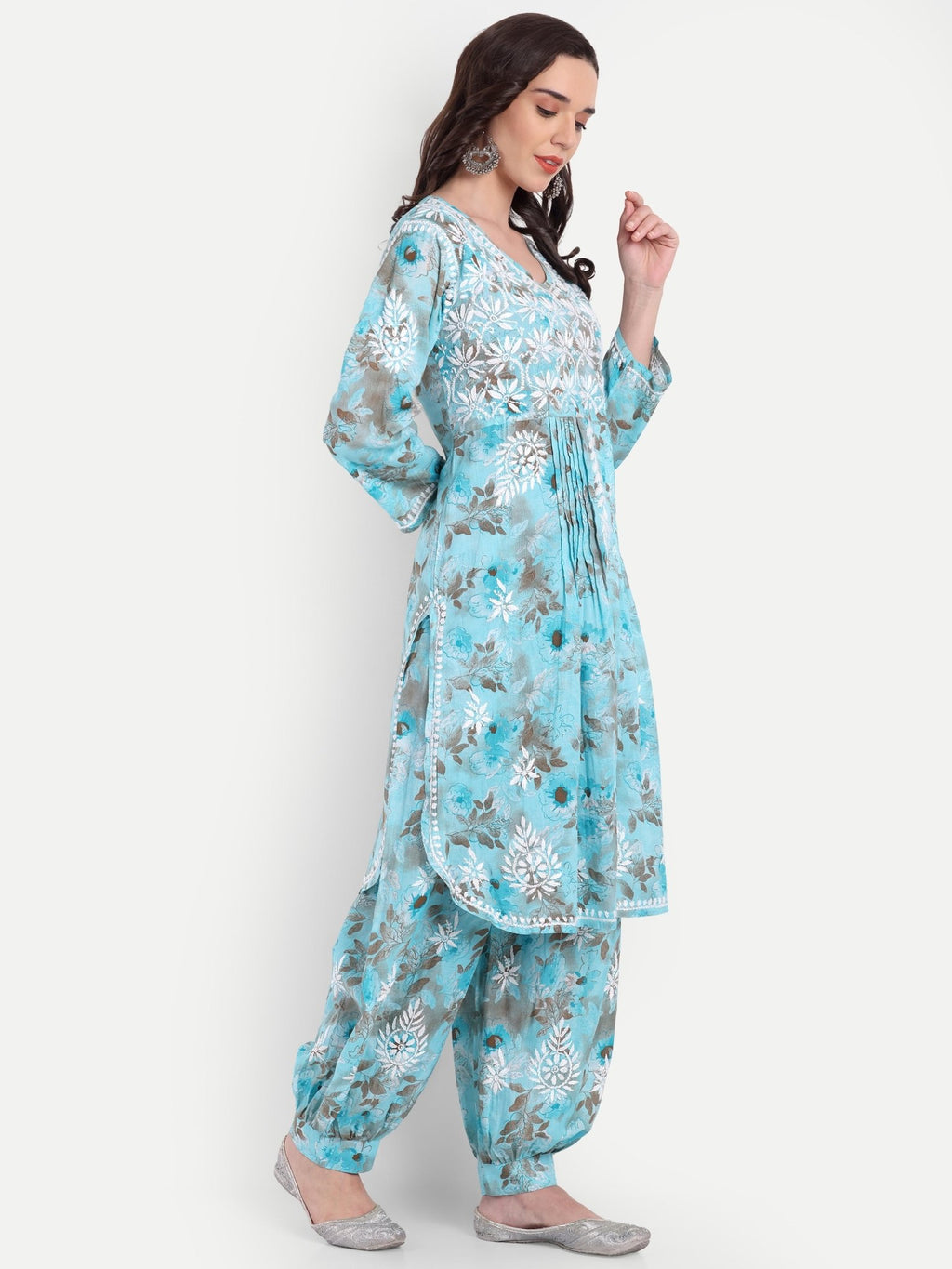 Lucknow Chikankari Hand Embroidered Co ord Set Salwar Suit Set MulMul Cotton - Indiankala4u