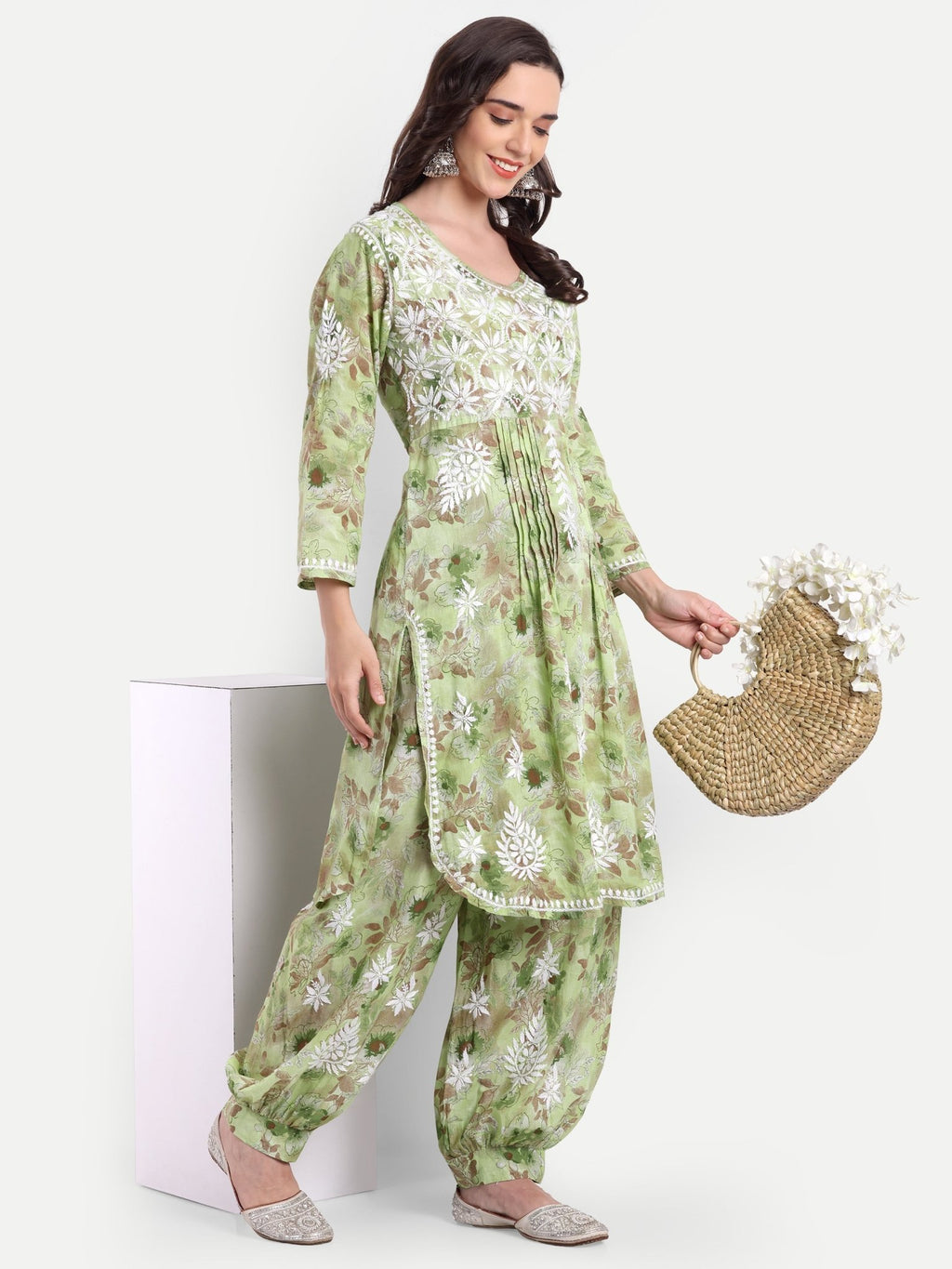 Lucknow Chikankari Hand Embroidered Co ord Set Salwar Suit Set MulMul Cotton - Indiankala4u