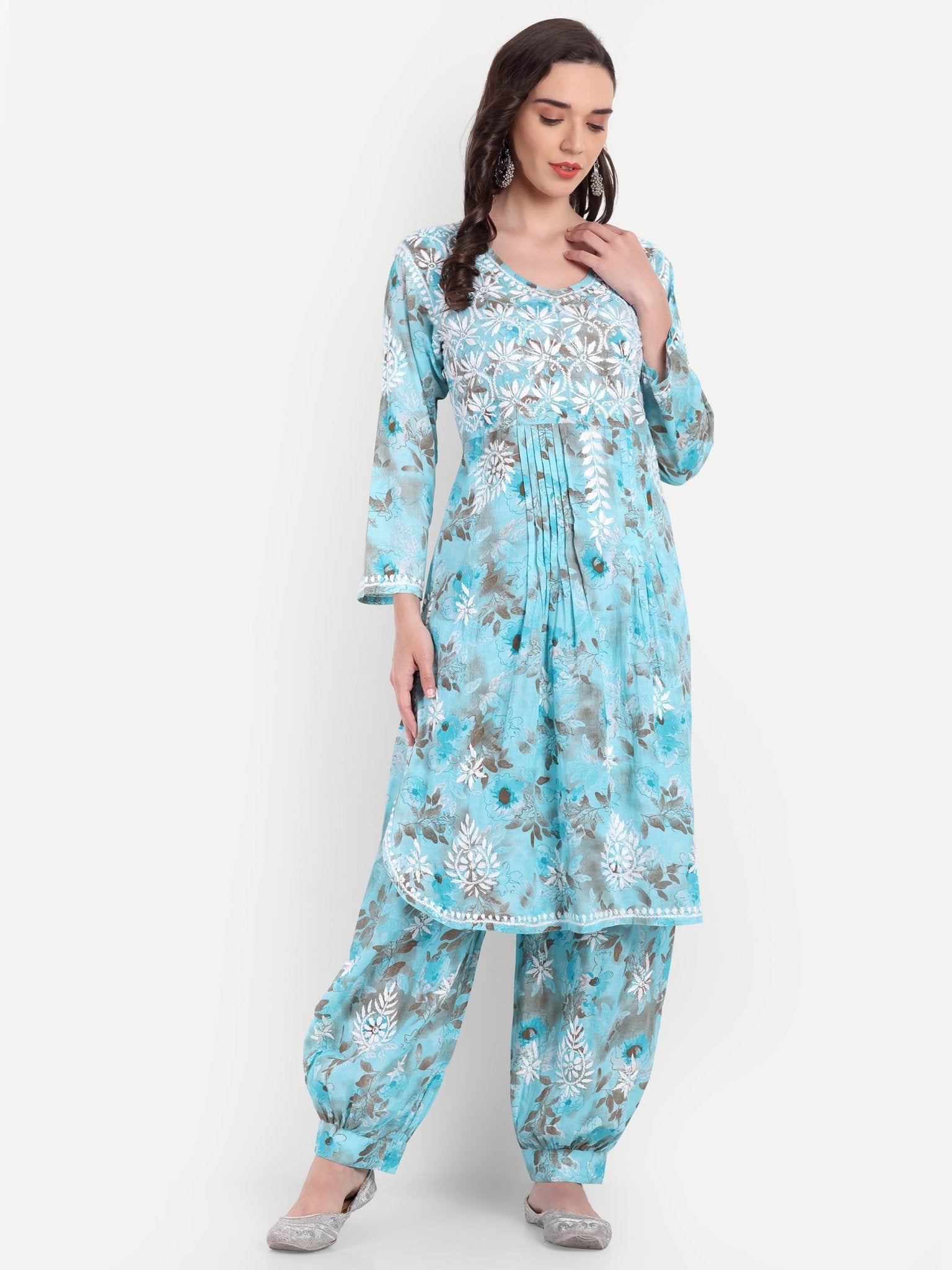 Lucknow Chikankari Hand Embroidered Co ord Set Salwar Suit Set MulMul Cotton - Indiankala4u