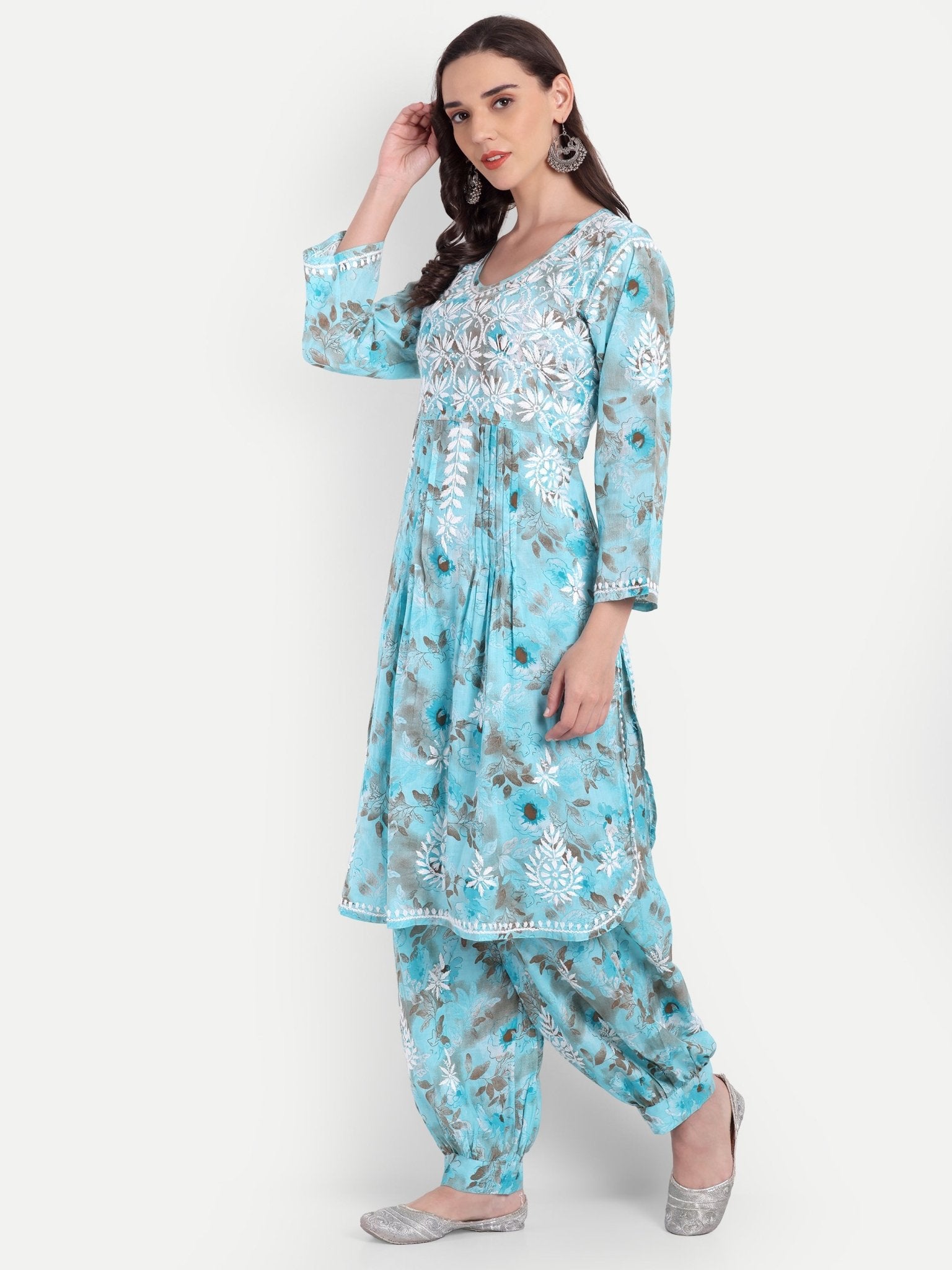 Lucknow Chikankari Hand Embroidered Co ord Set Salwar Suit Set MulMul Cotton - Indiankala4u