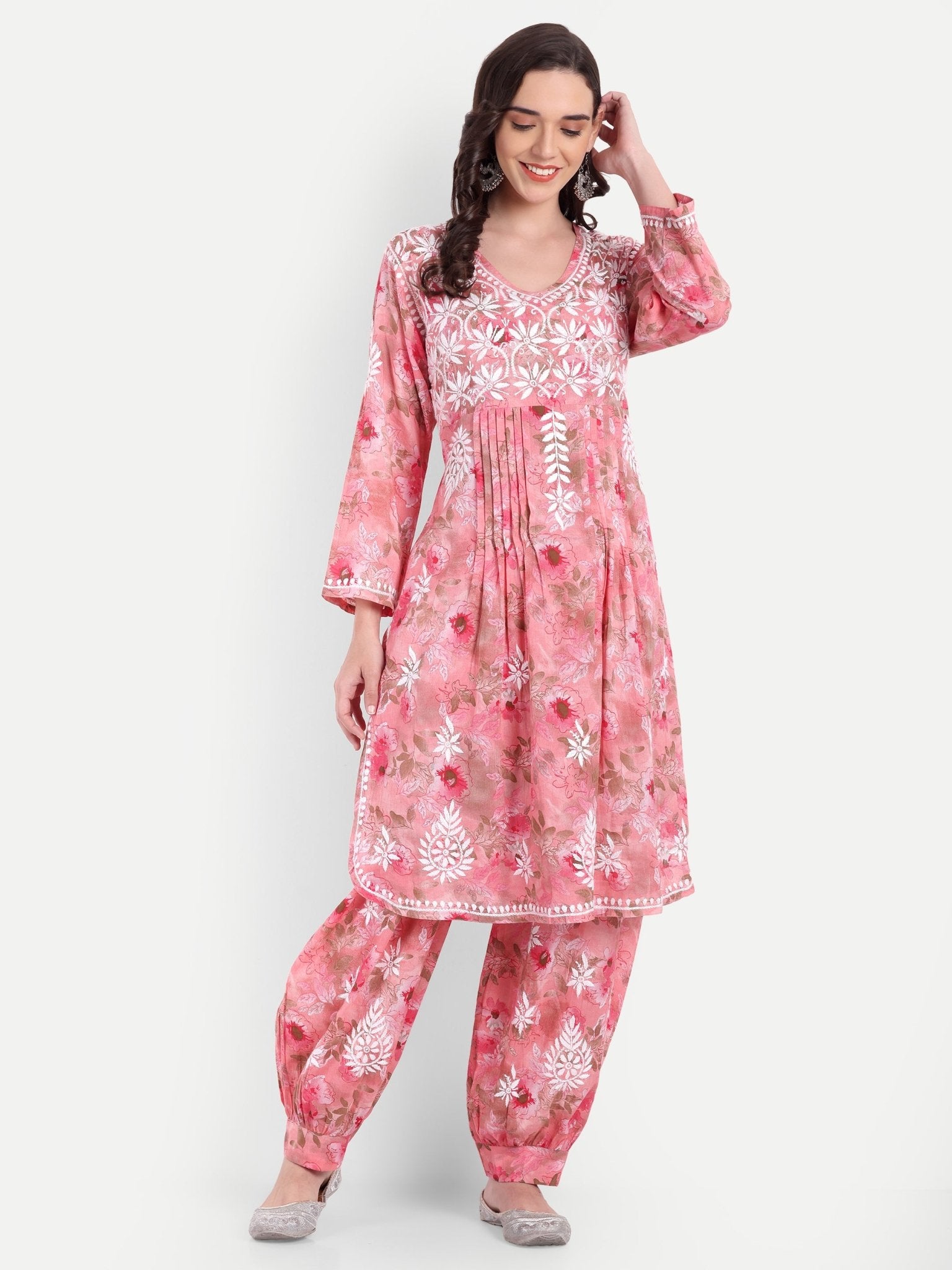 Lucknow Chikankari Hand Embroidered Co ord Set Salwar Suit Set MulMul Cotton - Indiankala4u