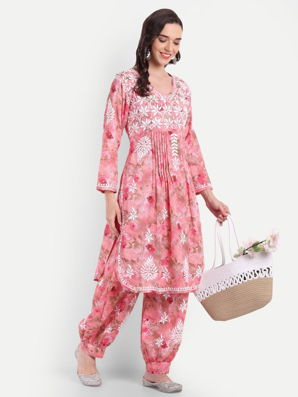 Lucknow Chikankari Hand Embroidered Co ord Set Salwar Suit Set MulMul Cotton - Indiankala4u