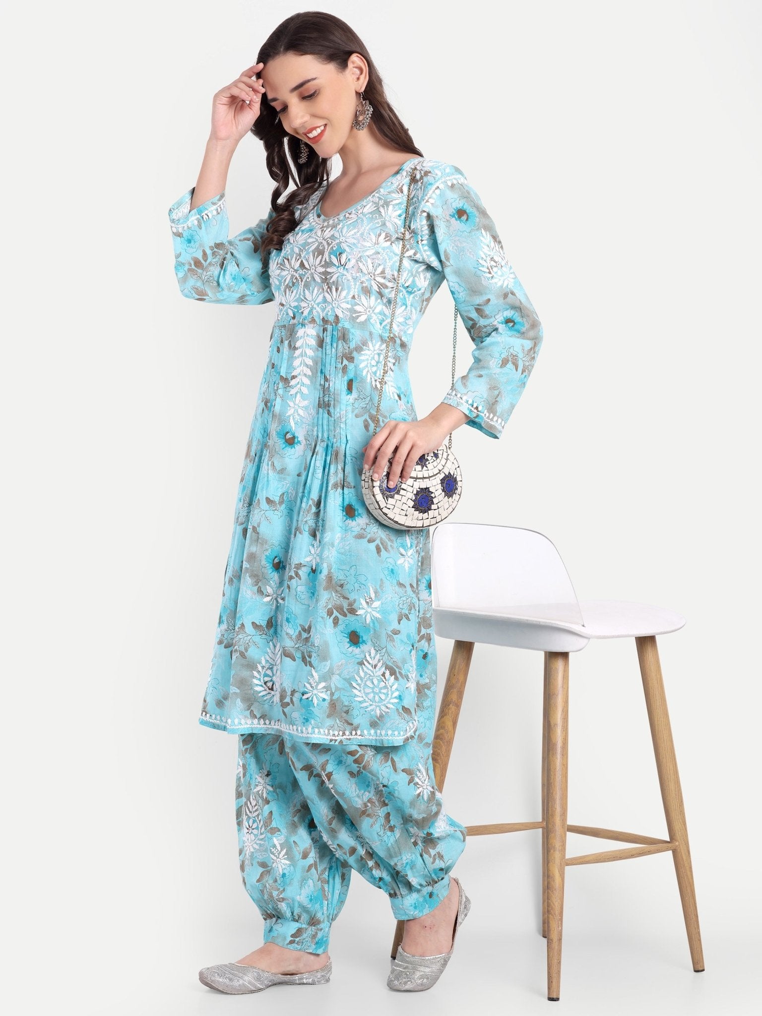 Lucknow Chikankari Hand Embroidered Co ord Set Salwar Suit Set MulMul Cotton - Indiankala4u