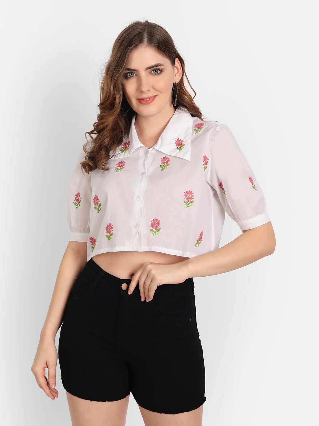 Lucknow Chikankari Hand Embroidered Crop top Cotton - Indiankala4u