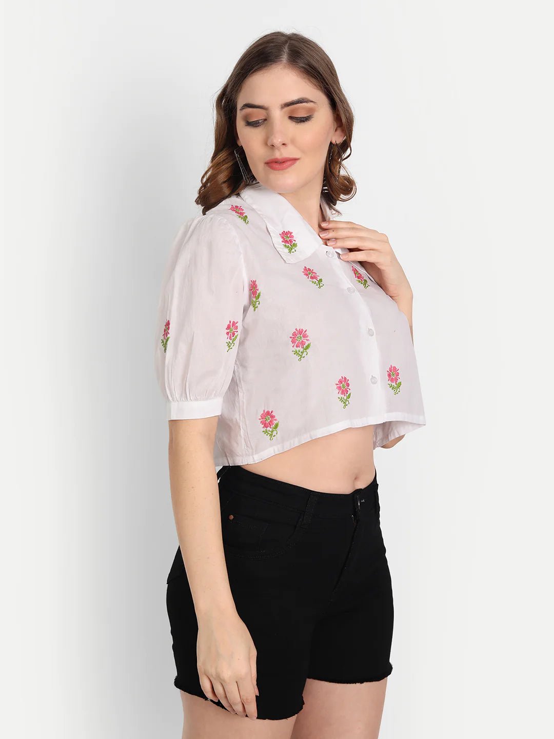 Lucknow Chikankari Hand Embroidered Crop top Cotton - Indiankala4u