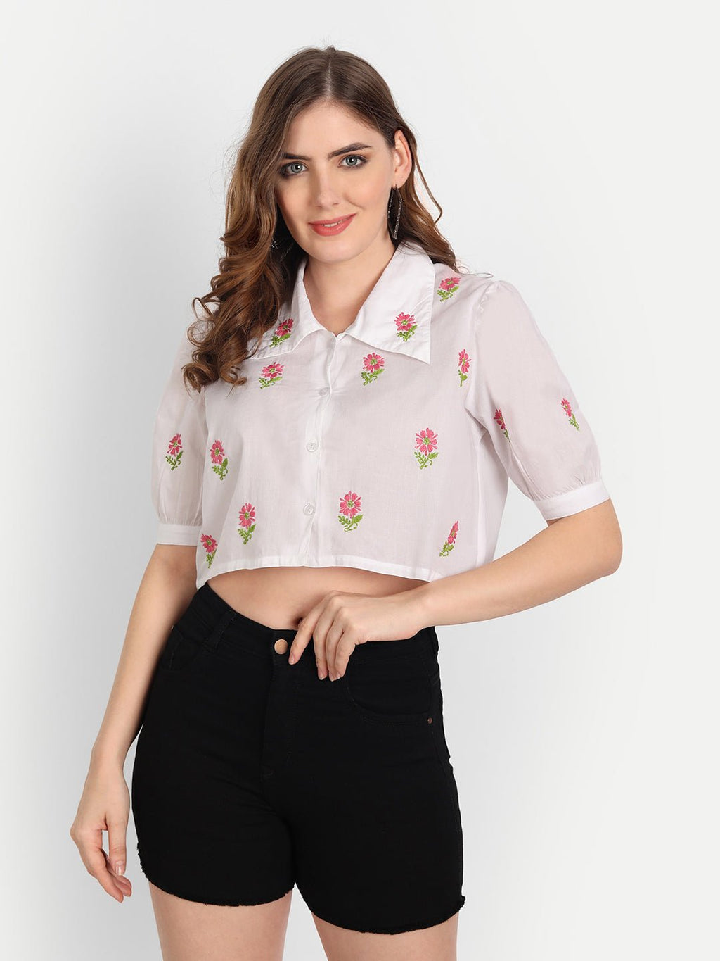 Lucknow Chikankari Hand Embroidered Crop top with Tie ups Cotton - Indiankala4u