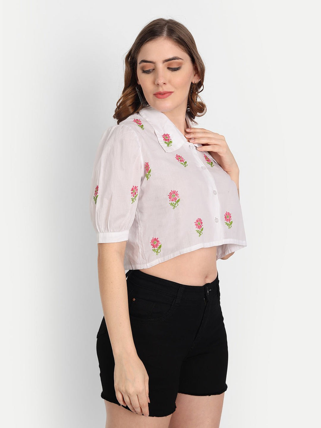 Lucknow Chikankari Hand Embroidered Crop top with Tie ups Cotton - Indiankala4u