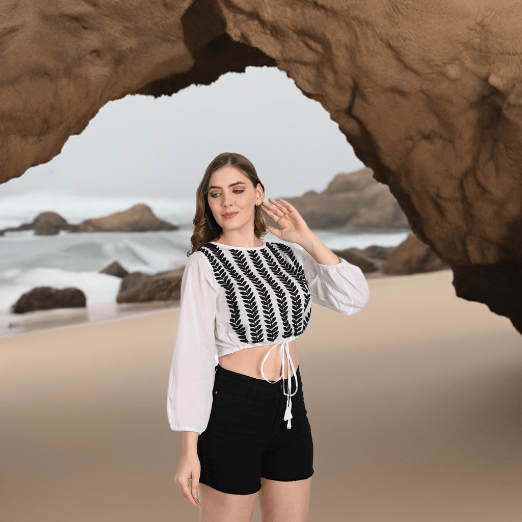 Lucknow Chikankari Hand Embroidered Crop top with Tie ups Cotton - Indiankala4u
