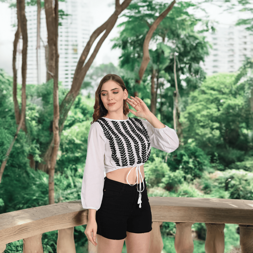 Lucknow Chikankari Hand Embroidered Crop top with Tie ups Cotton - Indiankala4u