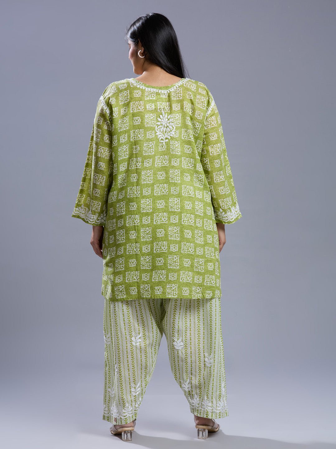 Lucknow Chikankari Hand Embroidered Curvy Co - Ord Set Cotton Blend - Indiankala4u