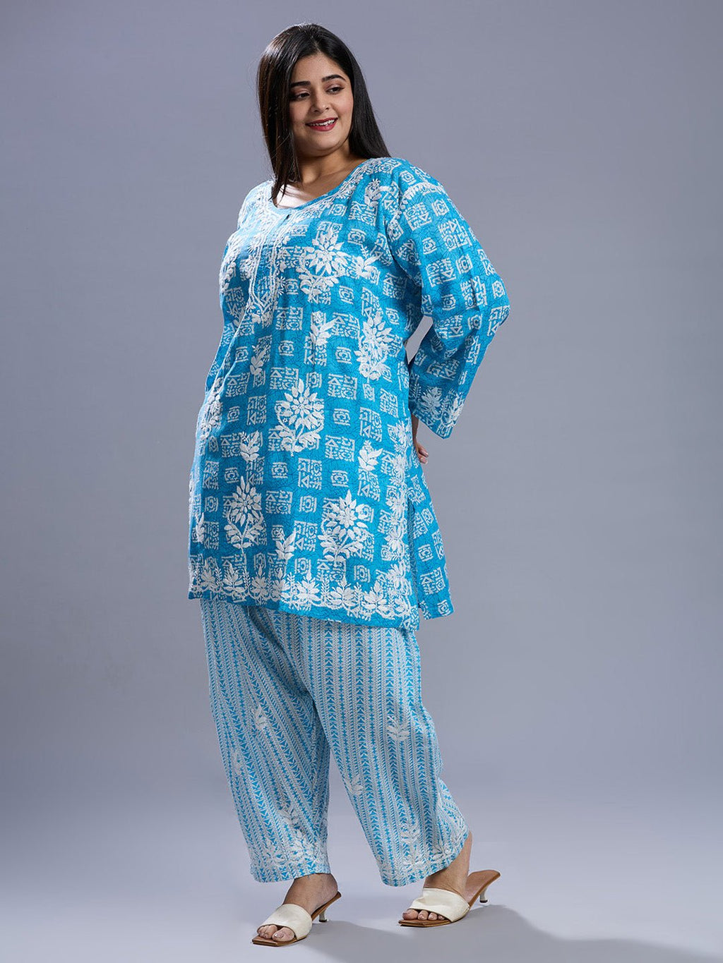 Lucknow Chikankari Hand Embroidered Curvy Co - Ord Set Cotton Blend - Indiankala4u