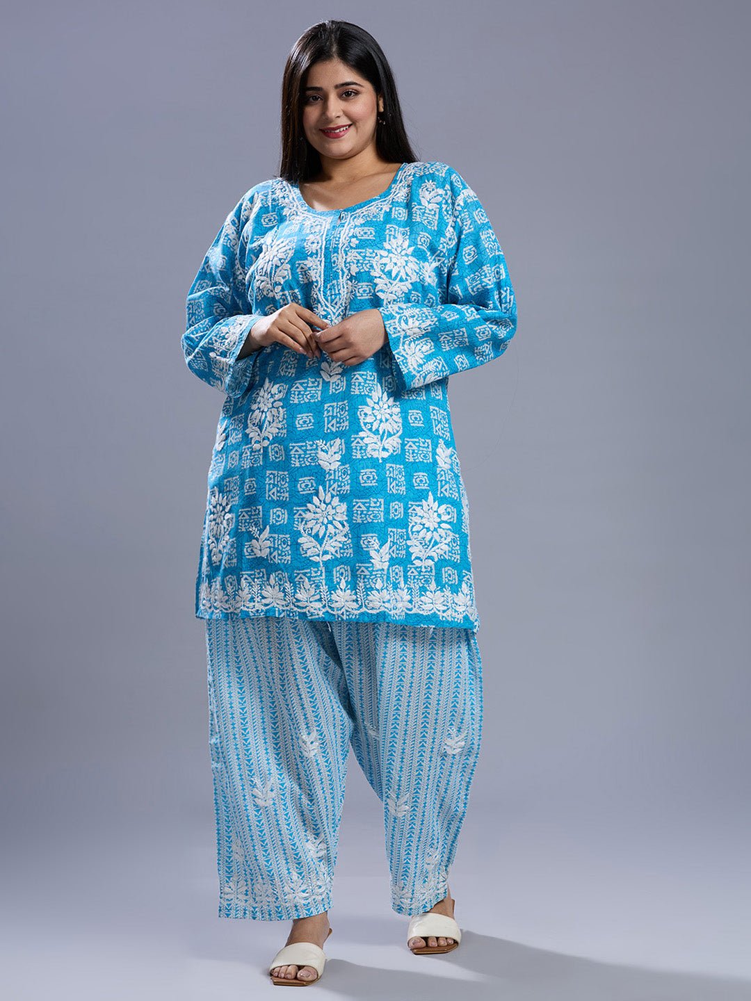 Lucknow Chikankari Hand Embroidered Curvy Co - Ord Set Cotton Blend - Indiankala4u