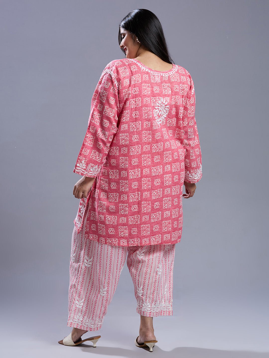 Lucknow Chikankari Hand Embroidered Curvy Co - Ord Set Cotton Blend - Indiankala4u