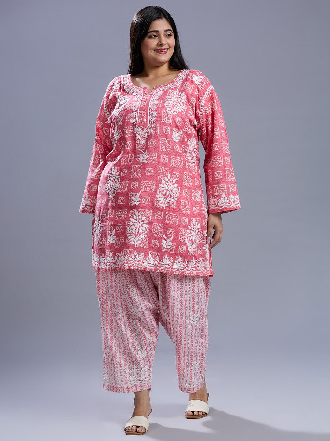 Lucknow Chikankari Hand Embroidered Curvy Co - Ord Set Cotton Blend - Indiankala4u