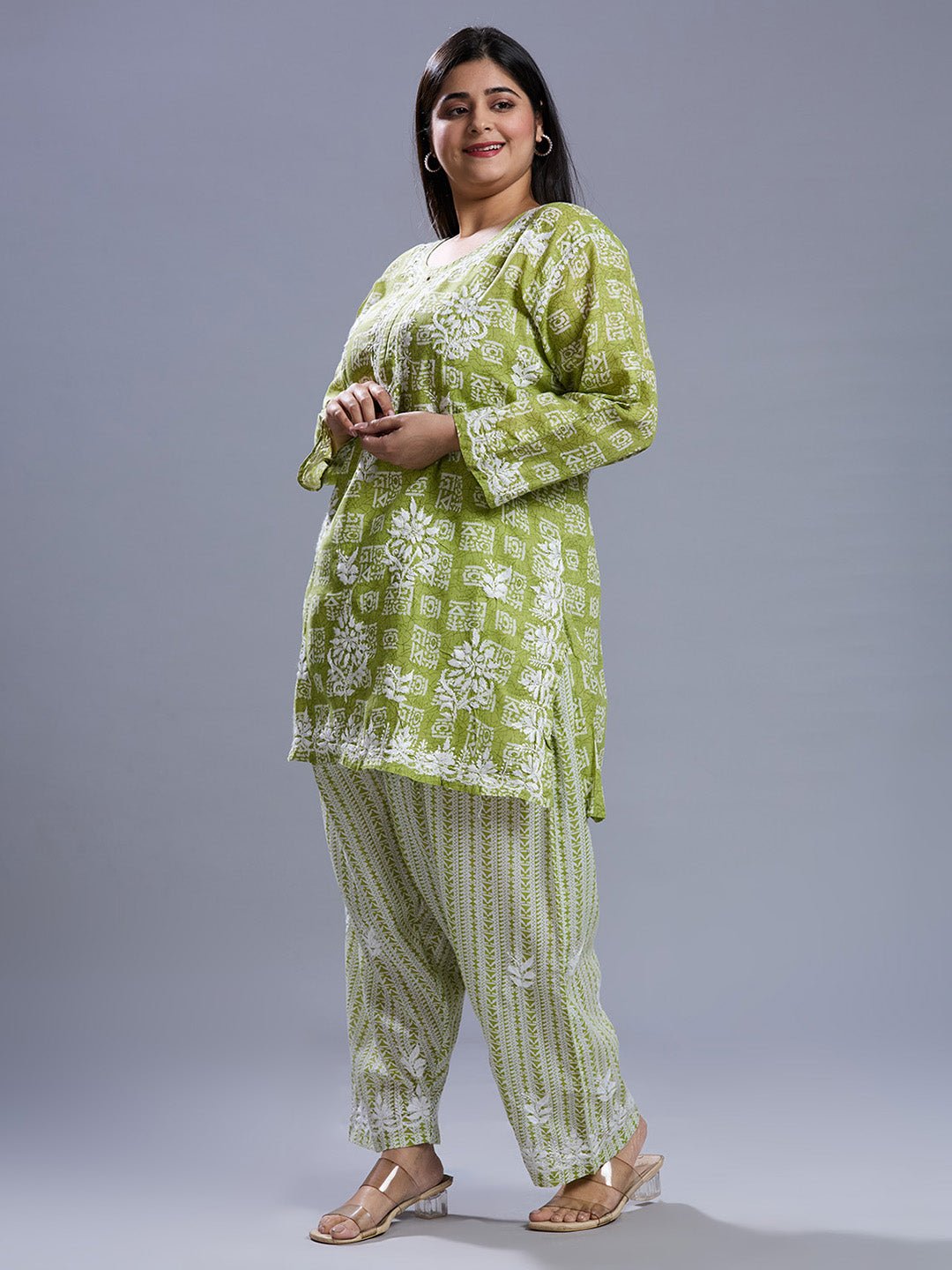 Lucknow Chikankari Hand Embroidered Curvy Co - Ord Set Cotton Blend - Indiankala4u