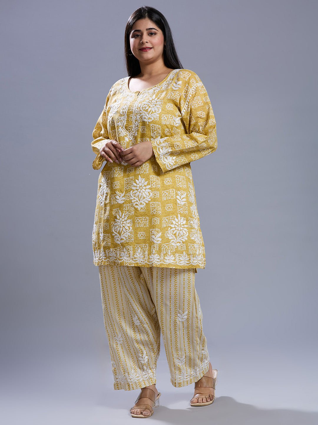 Lucknow Chikankari Hand Embroidered Curvy Co - Ord Set Cotton Blend - Indiankala4u