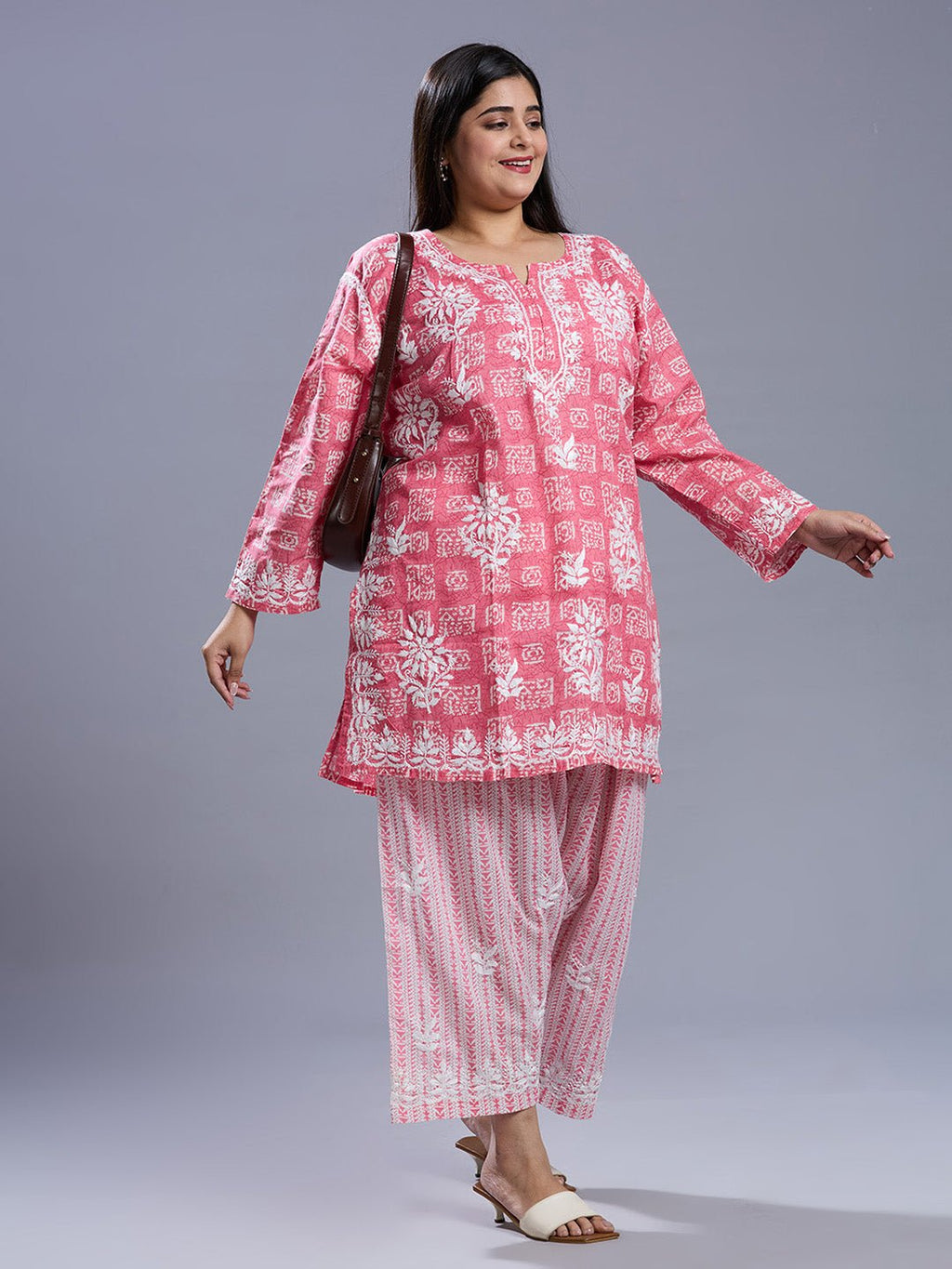 Lucknow Chikankari Hand Embroidered Curvy Co - Ord Set Cotton Blend - Indiankala4u