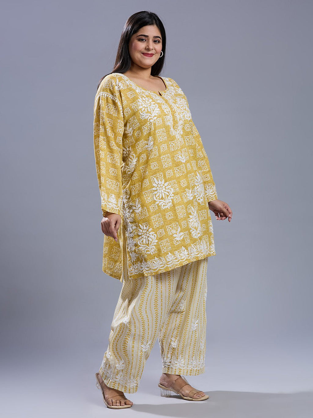 Lucknow Chikankari Hand Embroidered Curvy Co - Ord Set Cotton Blend - Indiankala4u