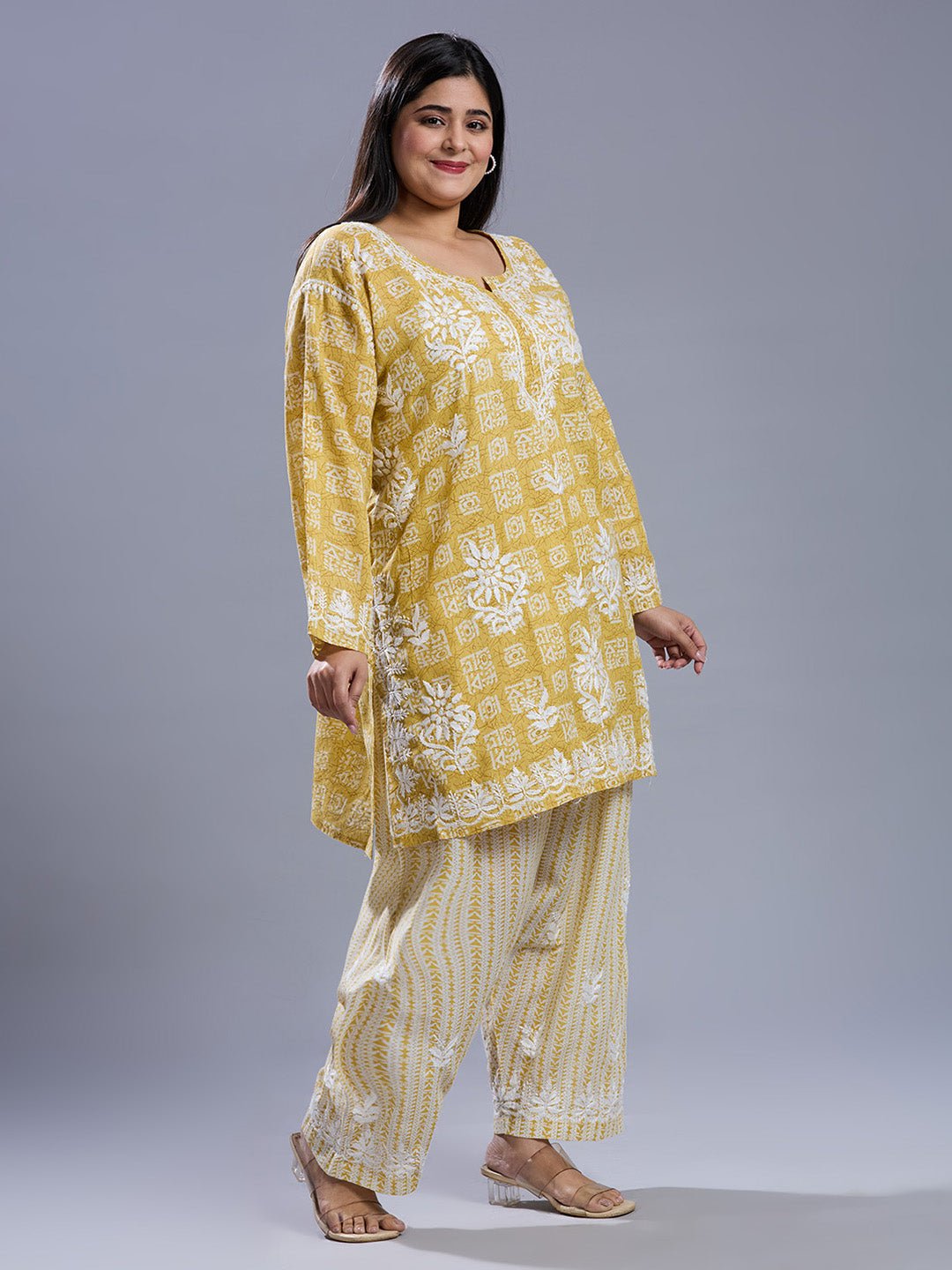 Lucknow Chikankari Hand Embroidered Curvy Co - Ord Set Cotton Blend - Indiankala4u