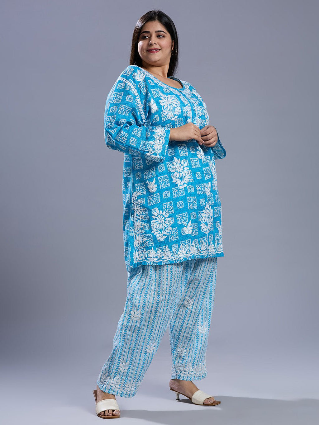 Lucknow Chikankari Hand Embroidered Curvy Co - Ord Set Cotton Blend - Indiankala4u