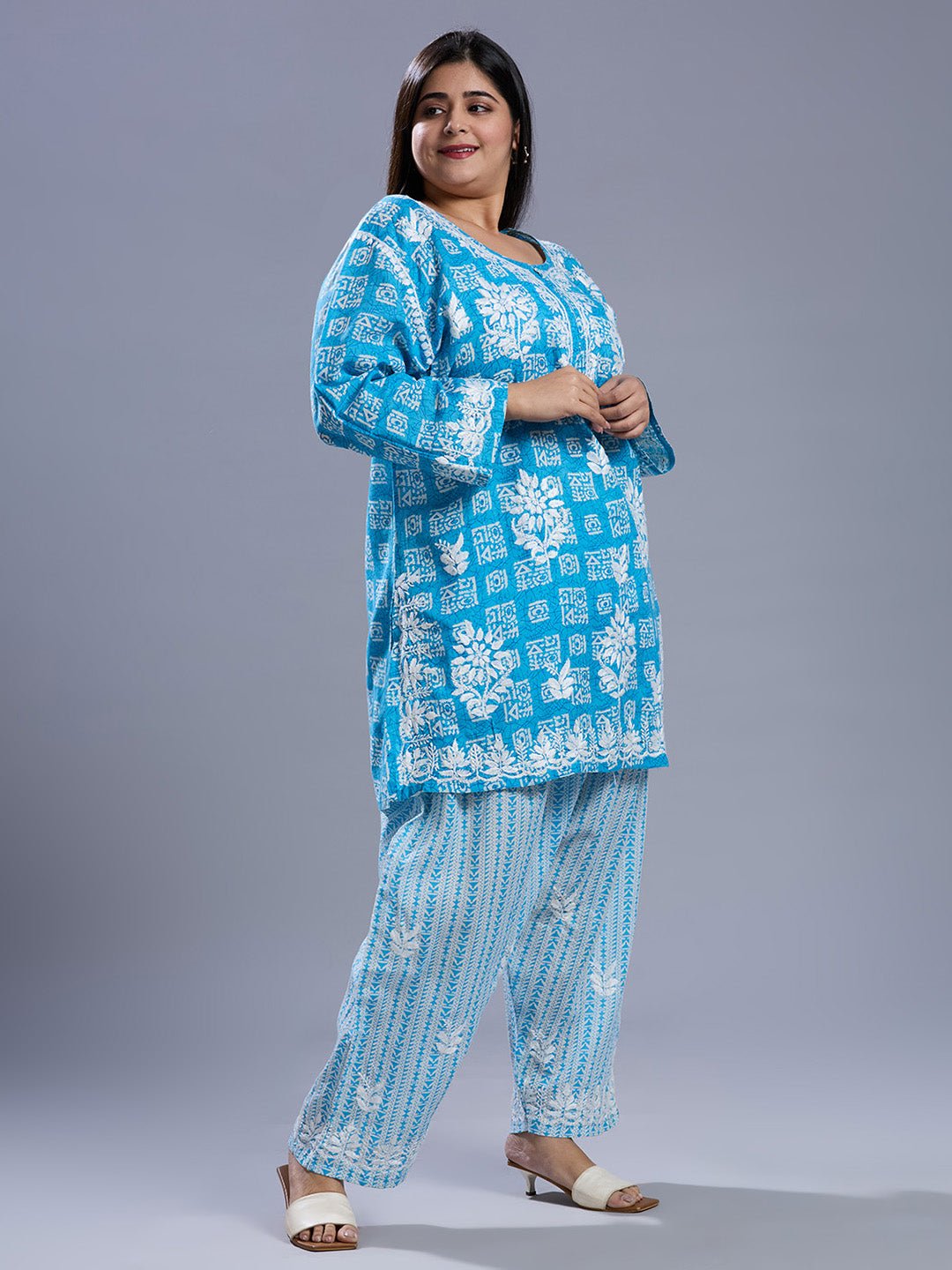 Lucknow Chikankari Hand Embroidered Curvy Co - Ord Set Cotton Blend - Indiankala4u