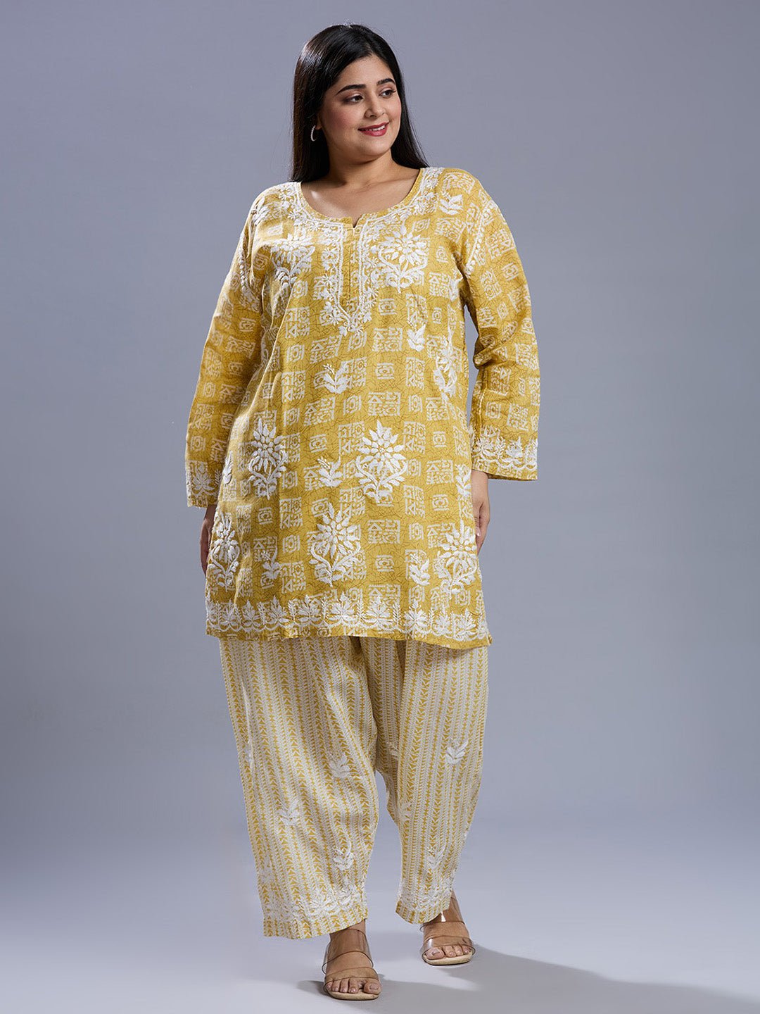 Lucknow Chikankari Hand Embroidered Curvy Co - Ord Set Cotton Blend - Indiankala4u