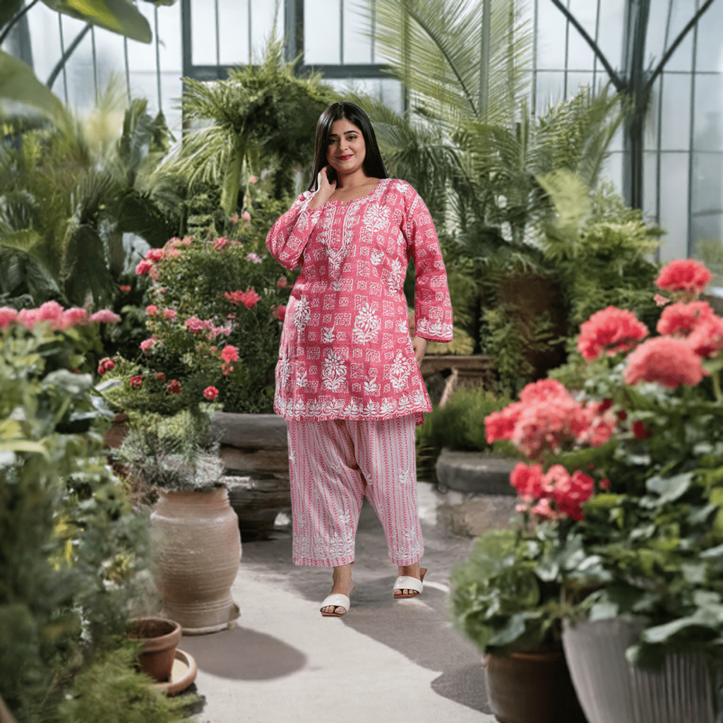 Lucknow Chikankari Hand Embroidered Curvy Co - Ord Set Cotton Blend - Indiankala4u