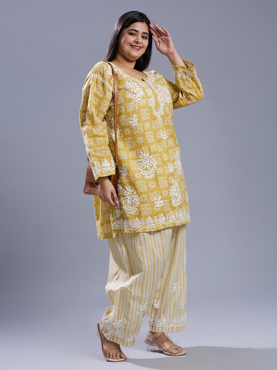 Lucknow Chikankari Hand Embroidered Curvy Co - Ord Set Cotton Blend - Indiankala4u