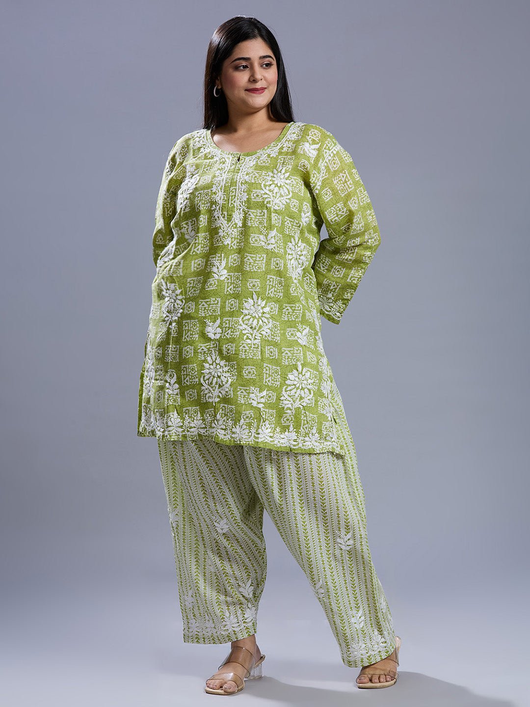 Lucknow Chikankari Hand Embroidered Curvy Co - Ord Set Cotton Blend - Indiankala4u