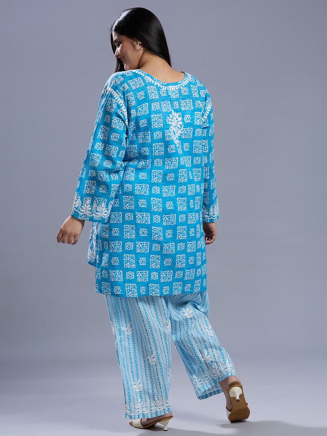 Lucknow Chikankari Hand Embroidered Curvy Co - Ord Set Cotton Blend - Indiankala4u