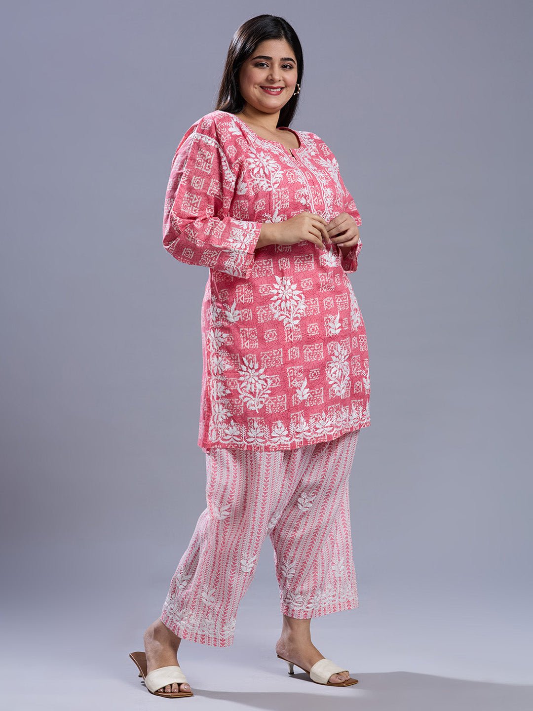 Lucknow Chikankari Hand Embroidered Curvy Co - Ord Set Cotton Blend - Indiankala4u