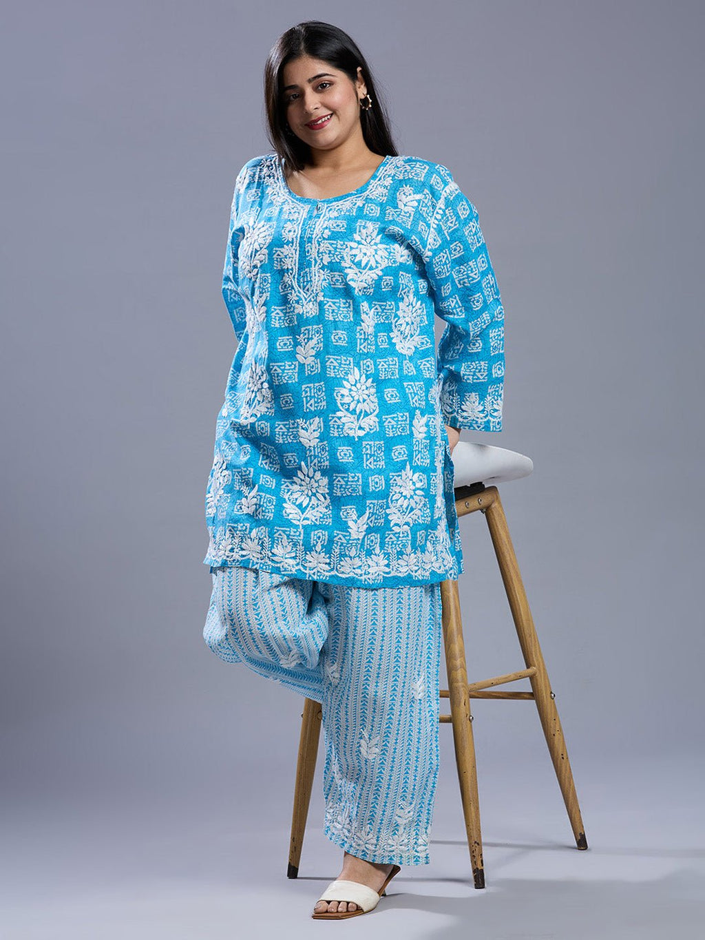 Lucknow Chikankari Hand Embroidered Curvy Co - Ord Set Cotton Blend - Indiankala4u