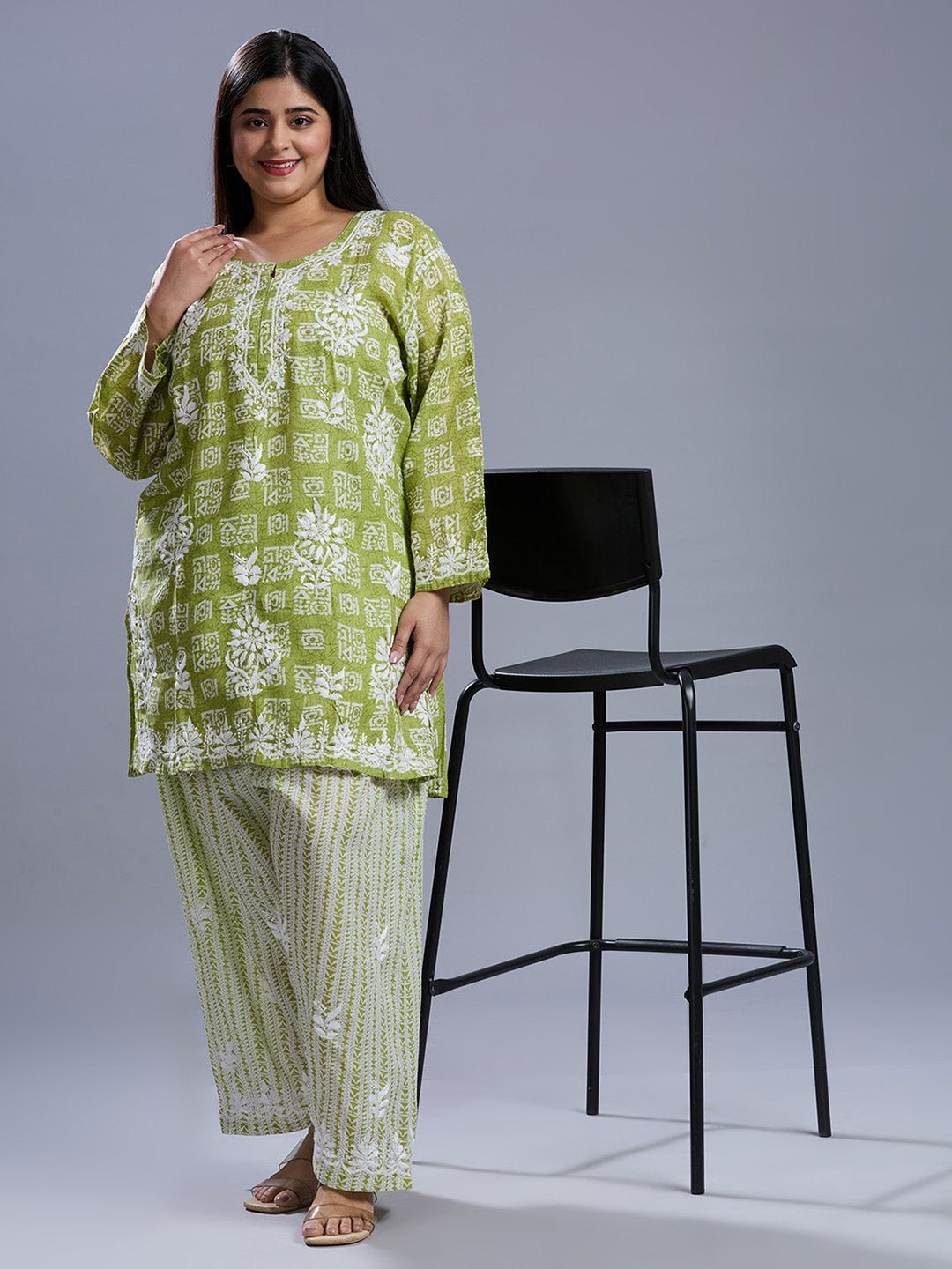 Lucknow Chikankari Hand Embroidered Curvy Co - Ord Set Cotton Blend - Indiankala4u