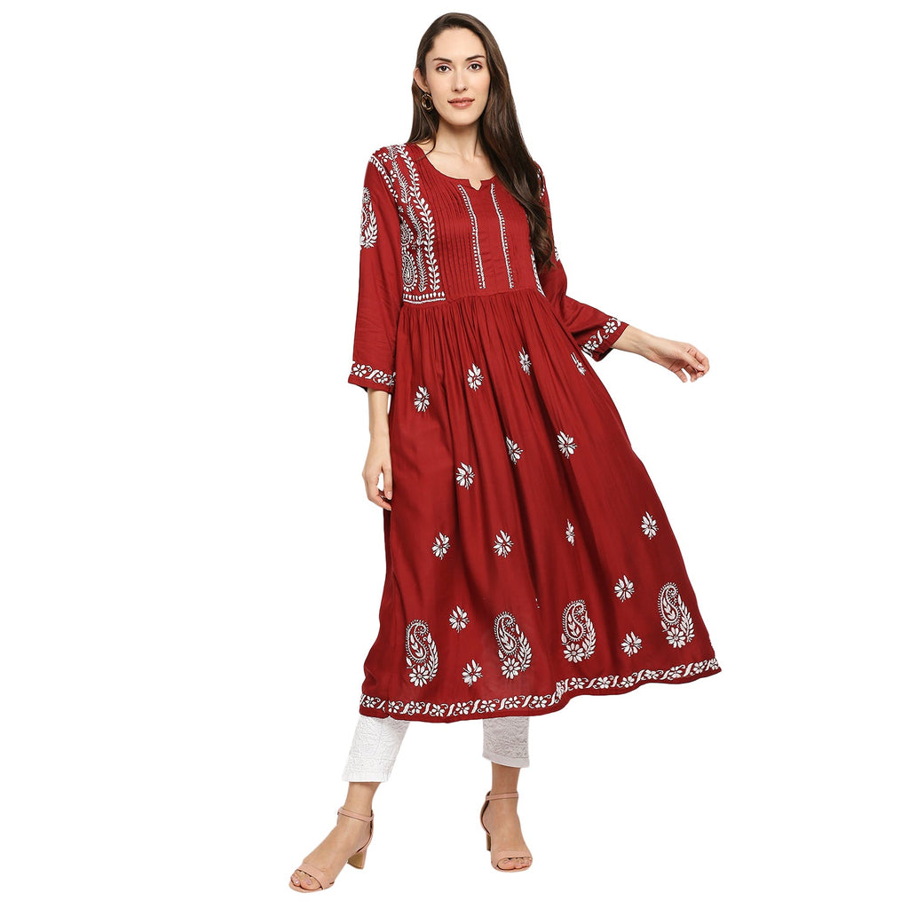 Lucknow Chikankari Hand Embroidered Fit & Flare long kurti Gown for Women Modal Cotton - Indiankala4u