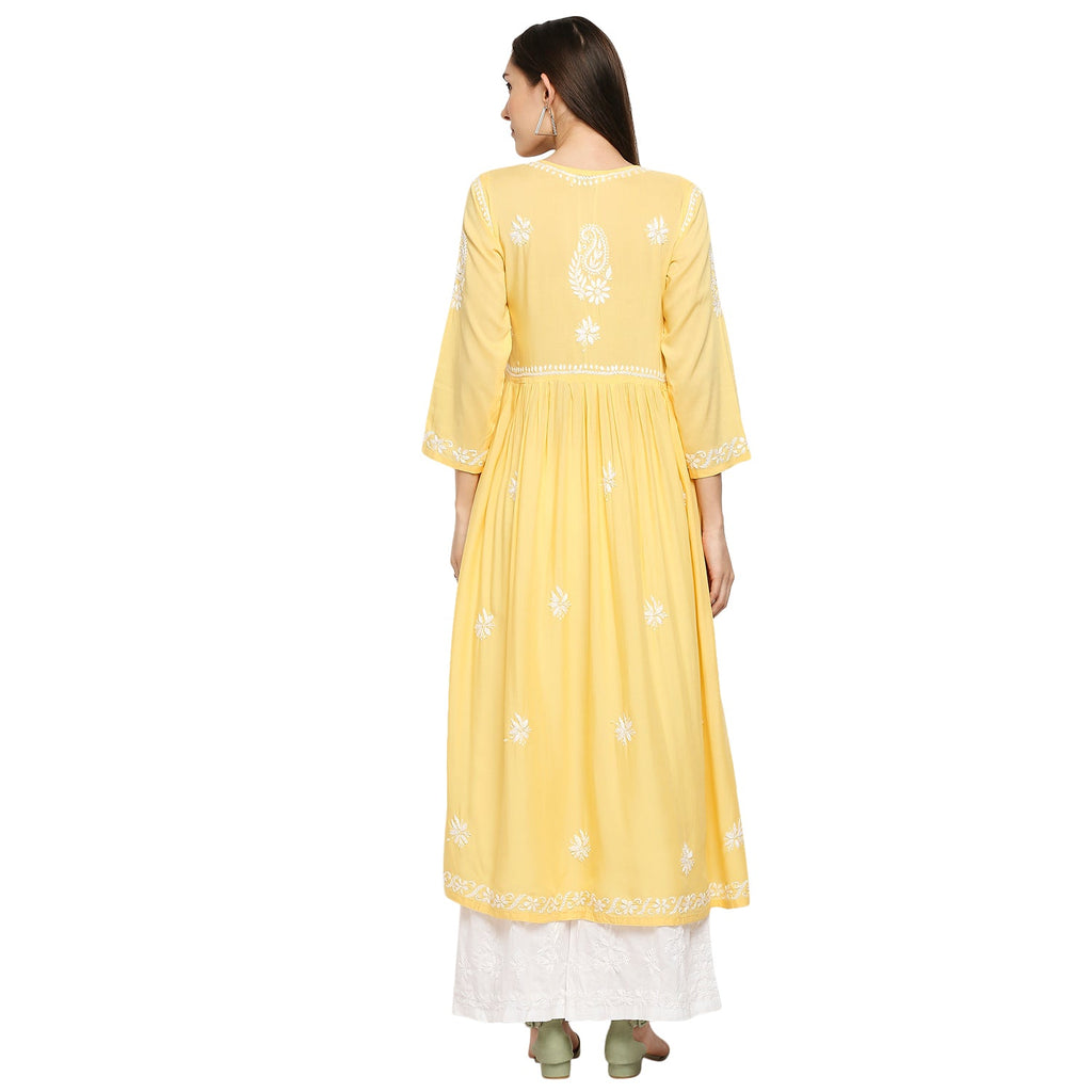 Lucknow Chikankari Hand Embroidered Fit & Flare long kurti Gown for Women Modal Cotton - Indiankala4u