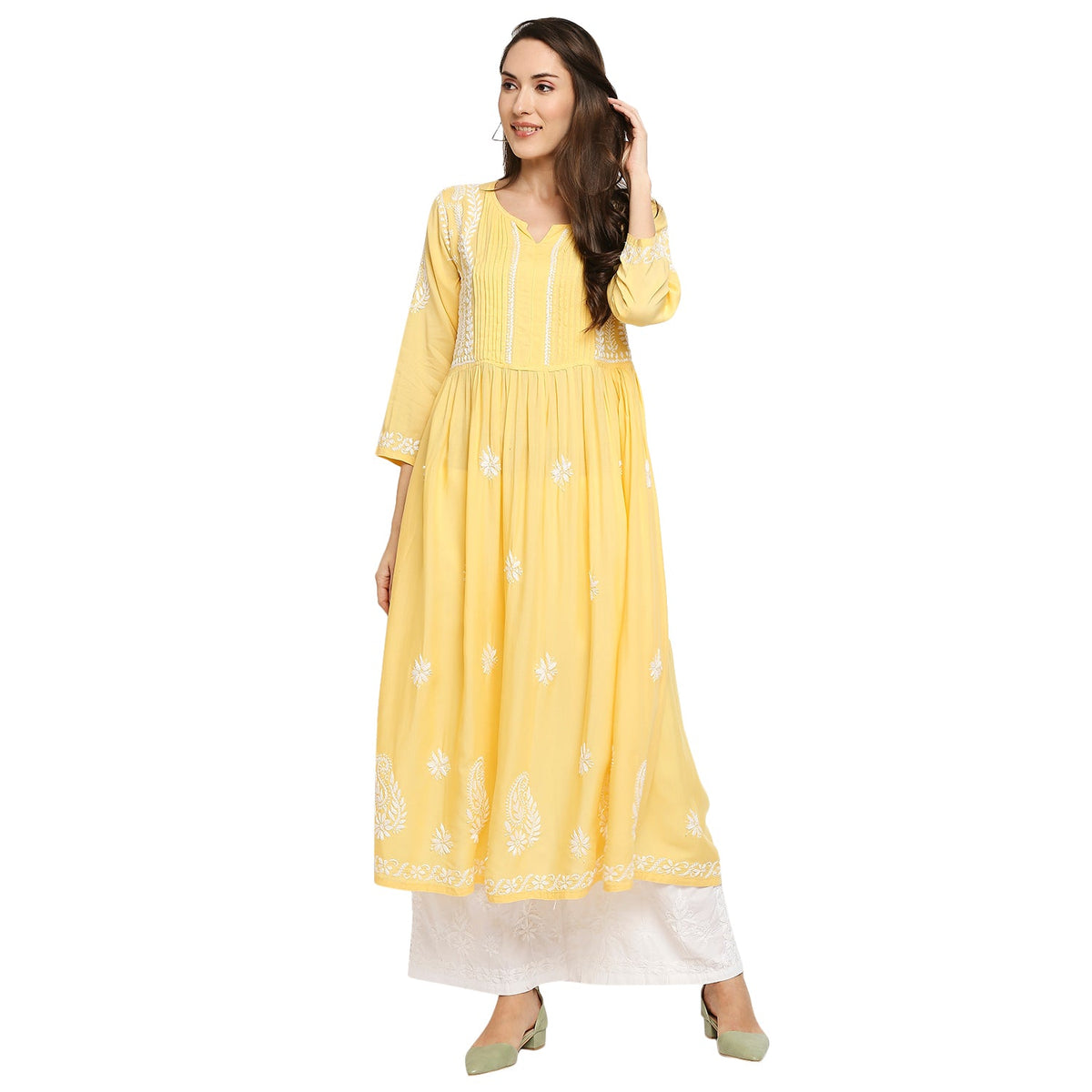 Lucknow Chikankari Hand Embroidered Fit & Flare long kurti Gown for Women Modal Cotton - Indiankala4u