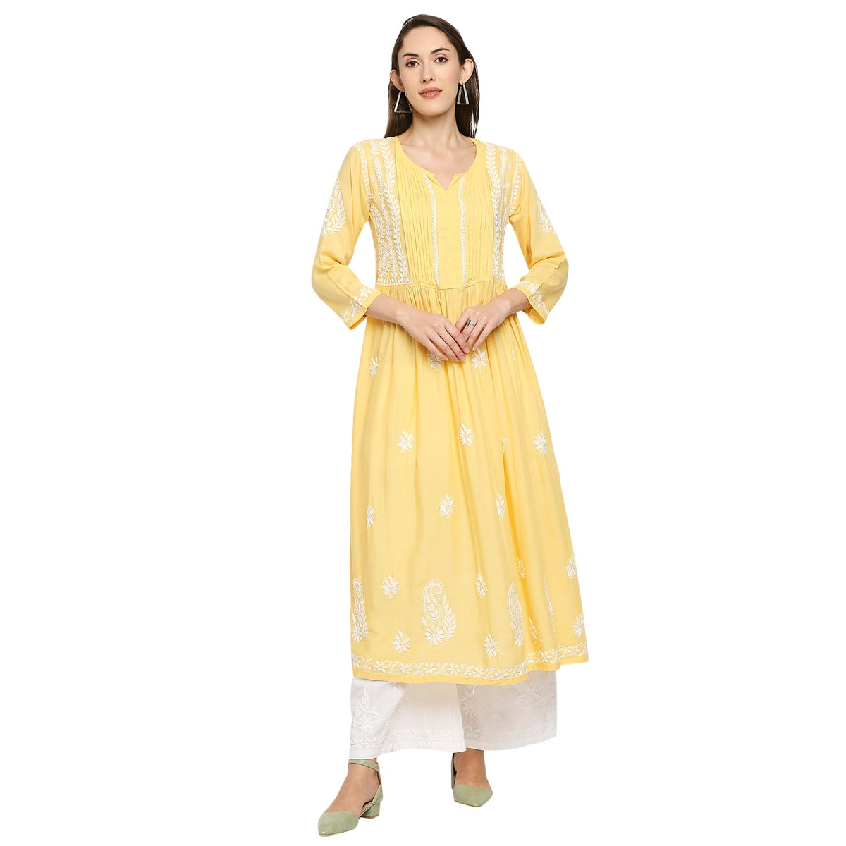 Lucknow Chikankari Hand Embroidered Fit & Flare long kurti Gown for Women Modal Cotton - Indiankala4u