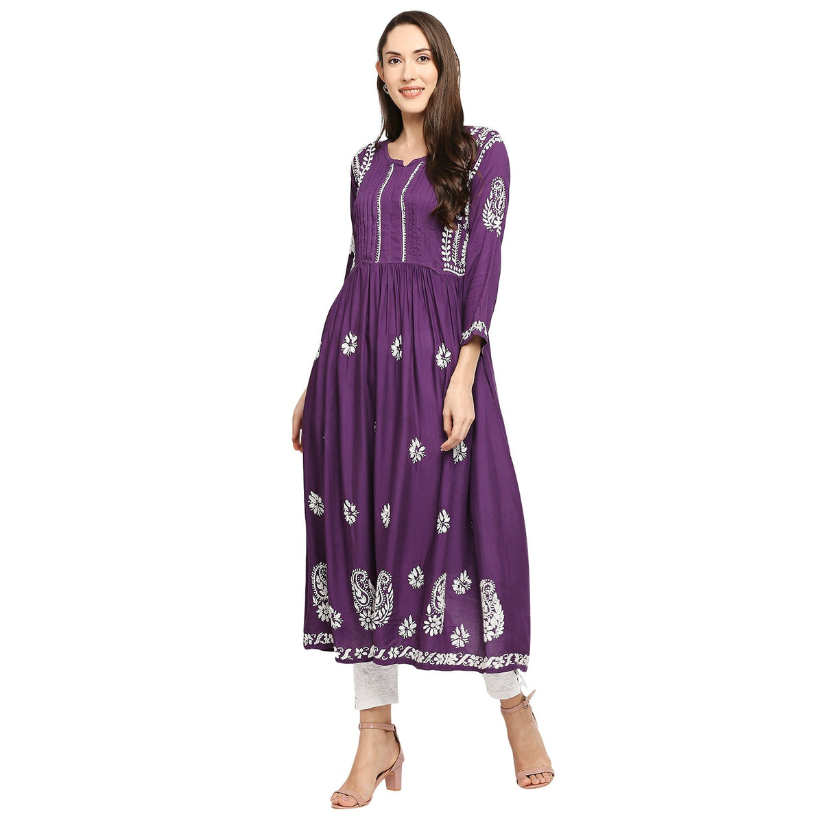 Lucknow Chikankari Hand Embroidered Fit & Flare long kurti Gown for Women Modal Cotton - Indiankala4u