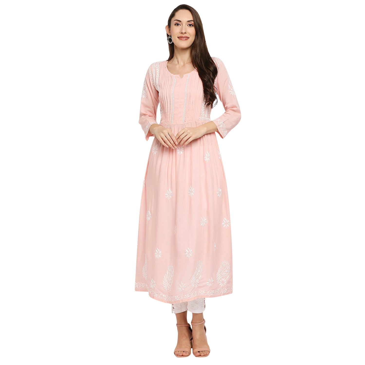 Lucknow Chikankari Hand Embroidered Fit & Flare long kurti Gown for Women Modal Cotton - Indiankala4u
