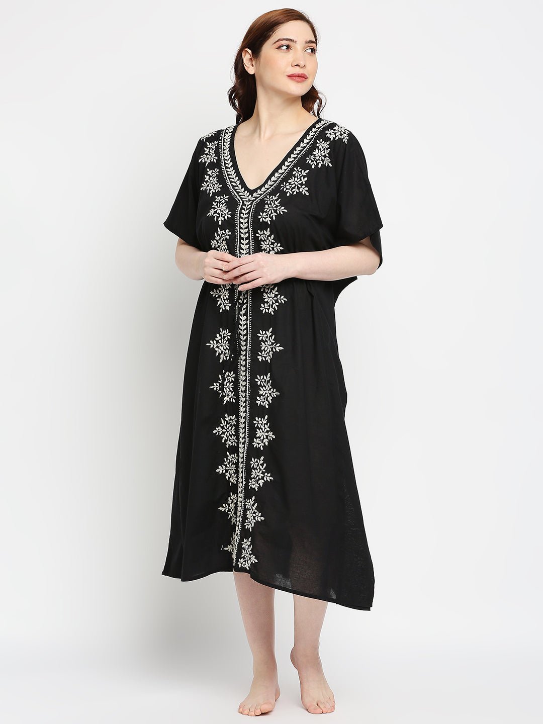 Lucknow Chikankari Hand Embroidered Kaftan - Indiankala4u