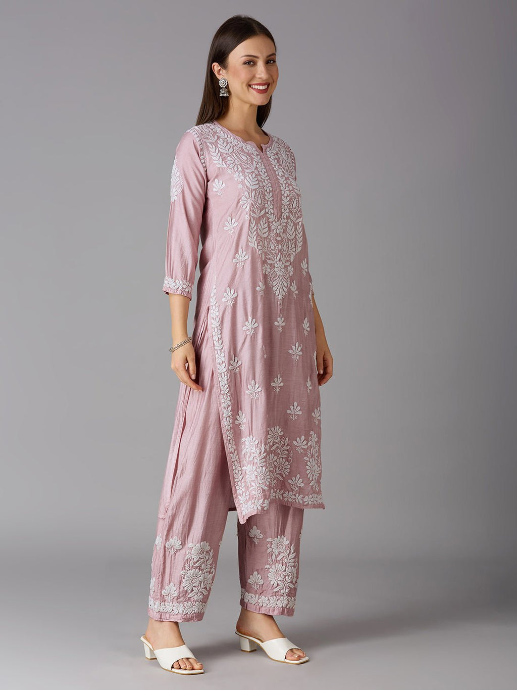 Lucknow Chikankari Hand Embroidered Kurta and Palazzo Set Chanderi Silk - Indiankala4u