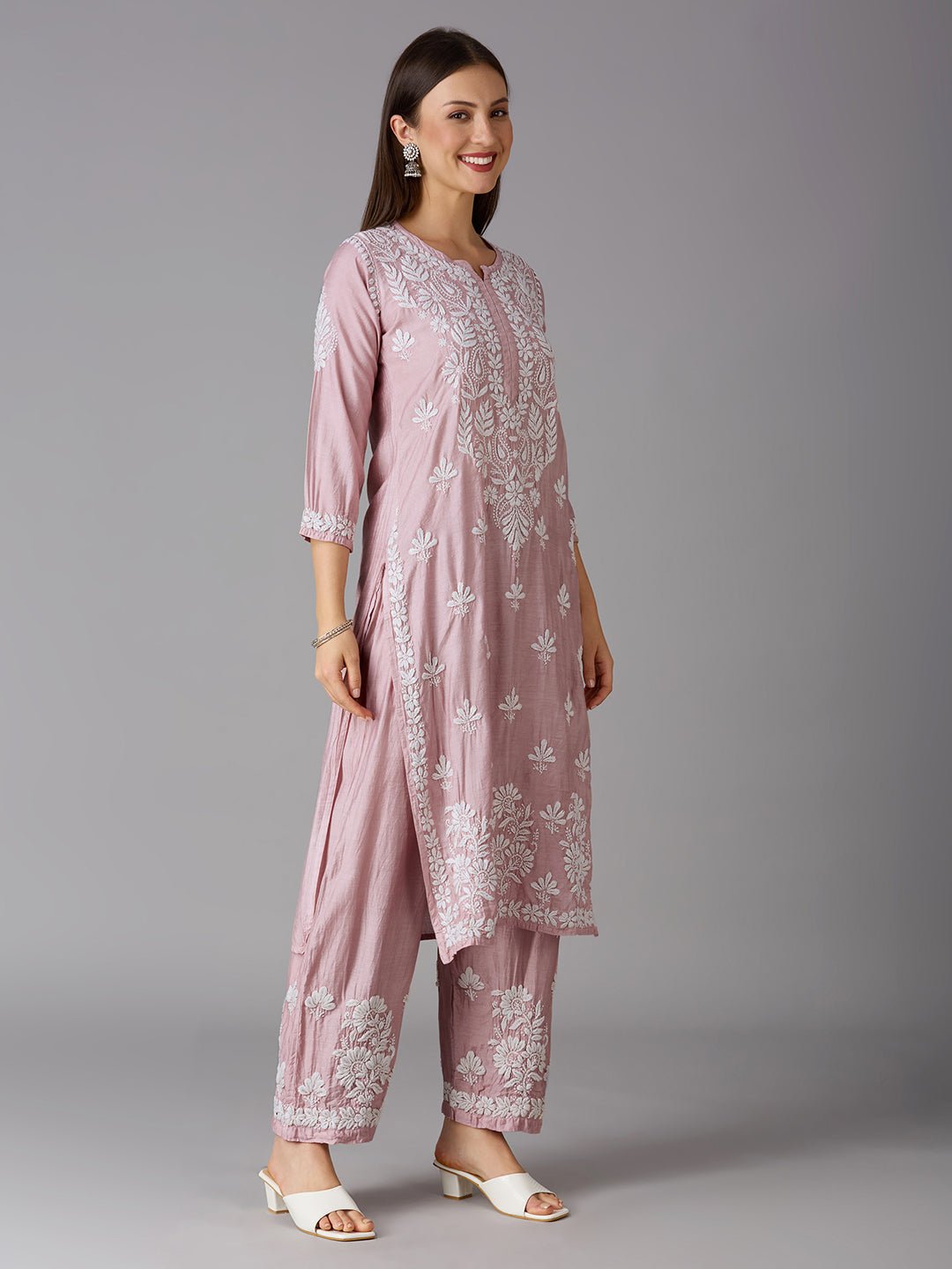 Lucknow Chikankari Hand Embroidered Kurta and Palazzo Set Chanderi Silk - Indiankala4u