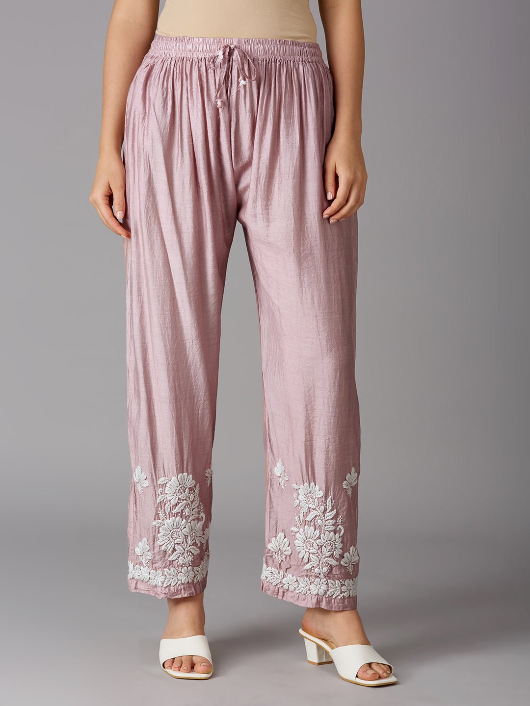 Lucknow Chikankari Hand Embroidered Kurta and Palazzo Set Chanderi Silk - Indiankala4u