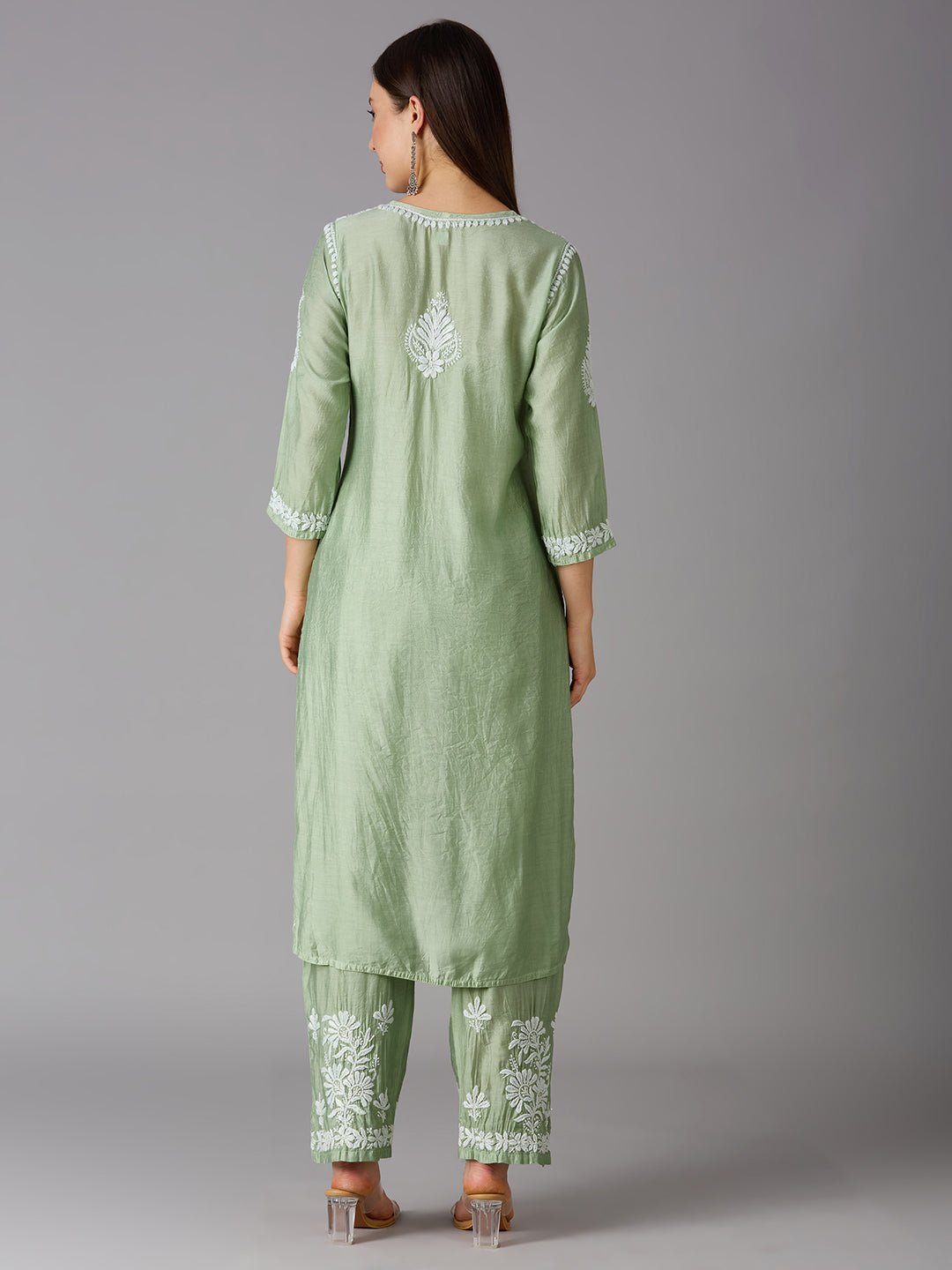 Lucknow Chikankari Hand Embroidered Kurta and Palazzo Set Chanderi Silk - Indiankala4u
