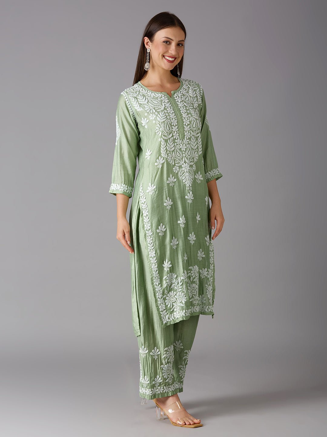 Lucknow Chikankari Hand Embroidered Kurta and Palazzo Set Chanderi Silk - Indiankala4u