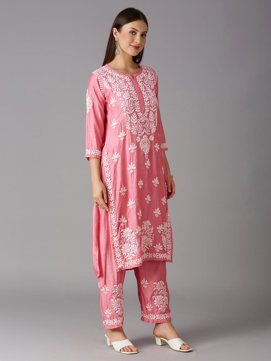 Lucknow Chikankari Hand Embroidered Kurta and Palazzo Set Chanderi Silk - Indiankala4u
