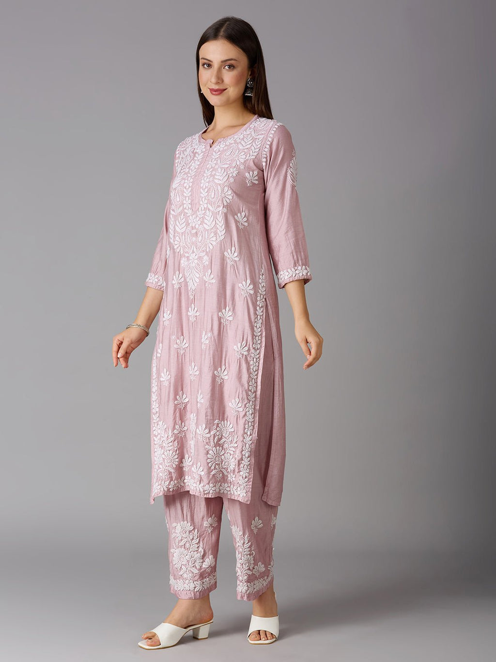 Lucknow Chikankari Hand Embroidered Kurta and Palazzo Set Chanderi Silk - Indiankala4u