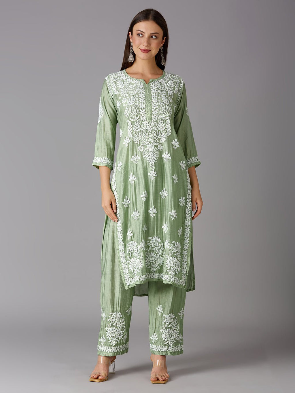 Lucknow Chikankari Hand Embroidered Kurta and Palazzo Set Chanderi Silk - Indiankala4u