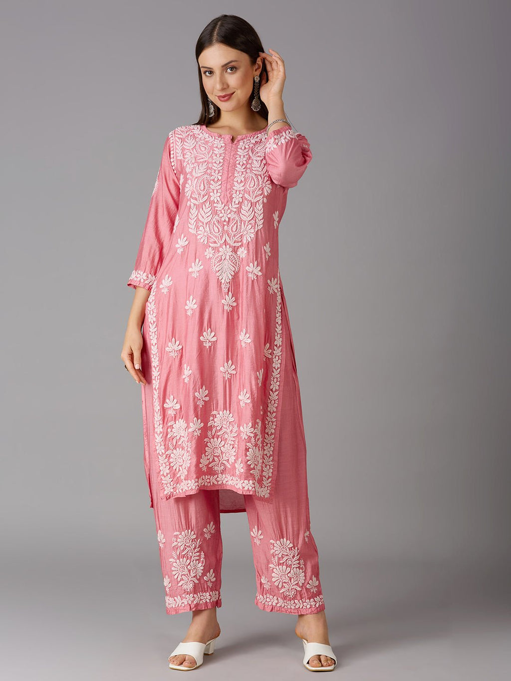 Lucknow Chikankari Hand Embroidered Kurta and Palazzo Set Chanderi Silk - Indiankala4u