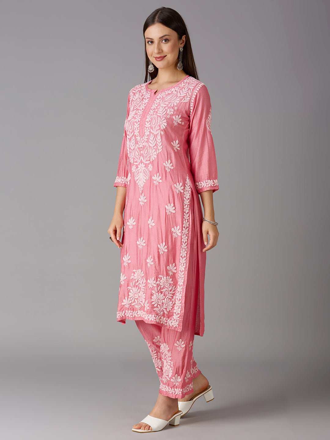 Lucknow Chikankari Hand Embroidered Kurta and Palazzo Set Chanderi Silk - Indiankala4u